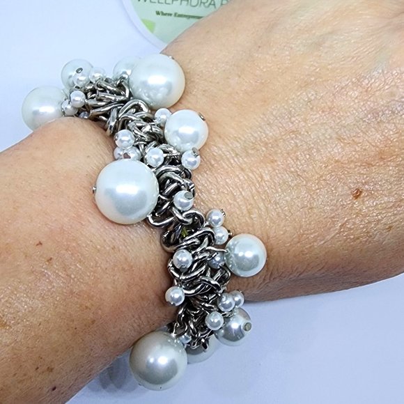 Vintage Woven Silver Chain Pearl Dangle Bead Bridal Dressy Stretch Bracelet - Picture 2 of 9